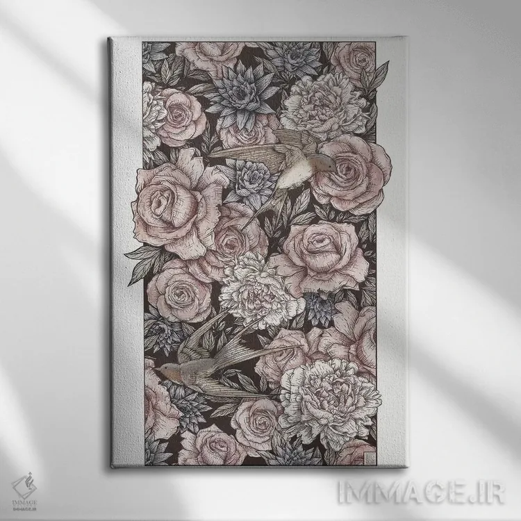 تابلو دکوراتیو "گل ها و پرستوها" اثر مایک کوبو - نمای روبهرو روی دیوار