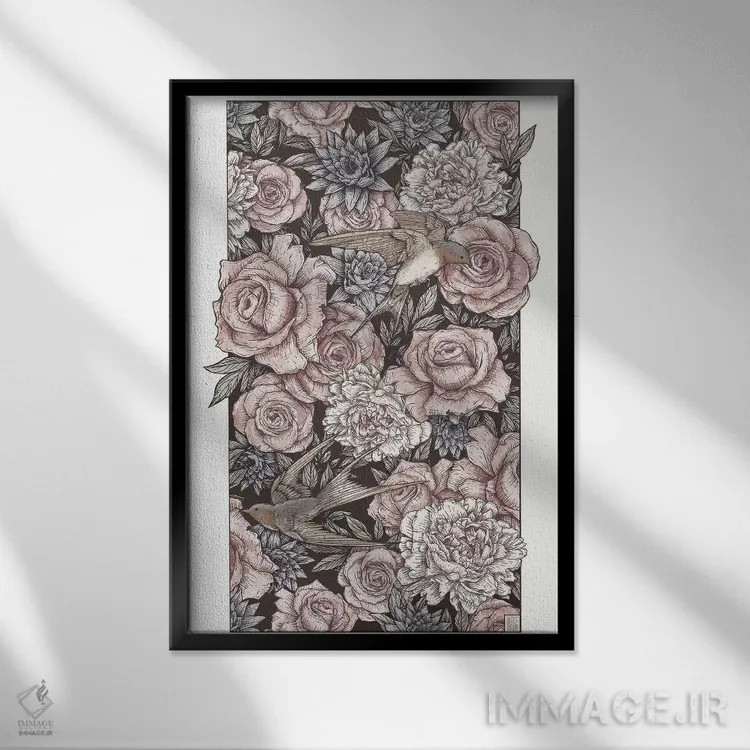 تابلو دکوراتیو "گل ها و پرستوها" اثر مایک کوبو - نمای قابدار مشکی