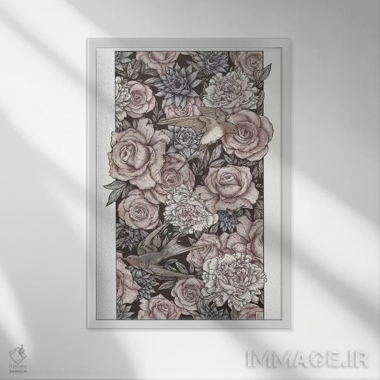 تابلو دکوراتیو "گل ها و پرستوها" اثر مایک کوبو - نمای قابدار سفید