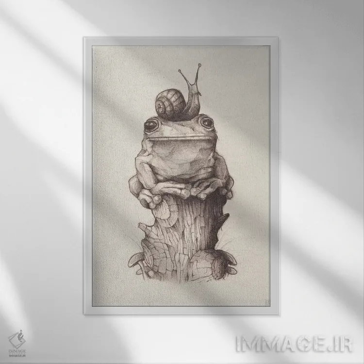 تابلو دکوراتیو "قورباغه و حلزون ۱" اثر مایک کوبو - نمای قابدار سفید