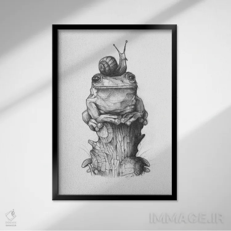 تابلو دکوراتیو "قورباغه و حلزون ۲" اثر مایک کوبو - نمای قابدار مشکی
