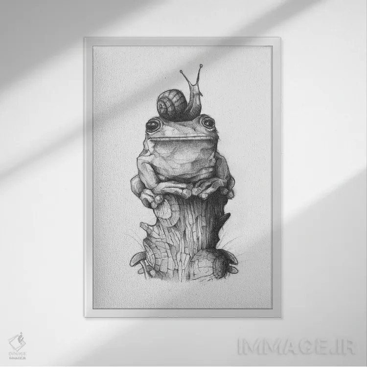 تابلو دکوراتیو "قورباغه و حلزون ۲" اثر مایک کوبو - نمای قابدار سفید