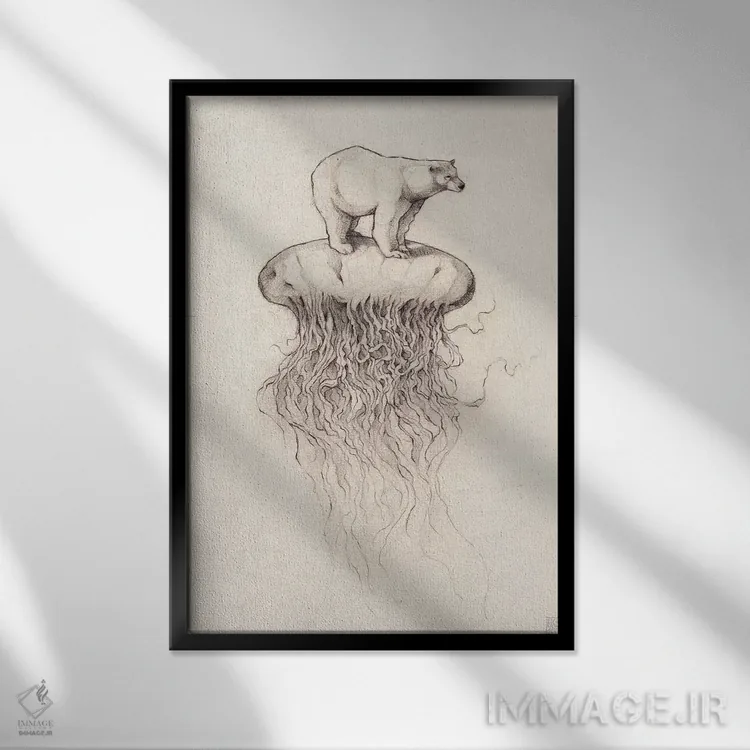 تابلو دکوراتیو "خرس قطبی و عروس دریایی ۱" اثر مایک کوبو - نمای قابدار مشکی