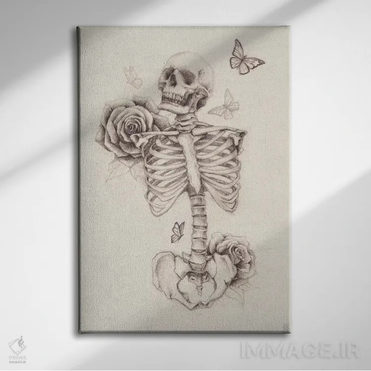 تابلو دکوراتیو "اسکلت و گل رز ۱" اثر مایک کوبو - نمای روبهرو روی دیوار
