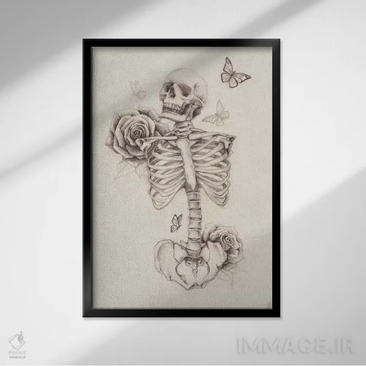 تابلو دکوراتیو "اسکلت و گل رز ۱" اثر مایک کوبو - نمای قابدار مشکی
