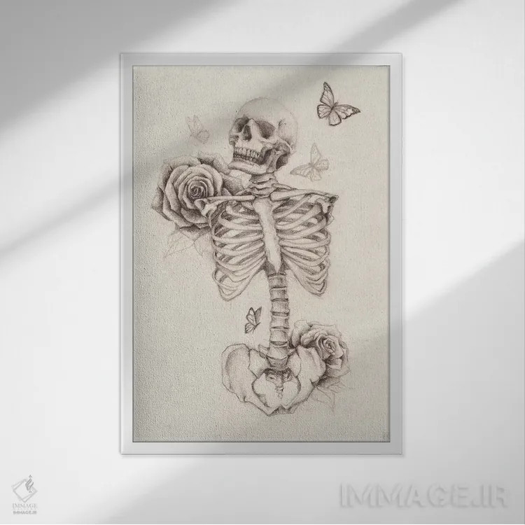 تابلو دکوراتیو "اسکلت و گل رز ۱" اثر مایک کوبو - نمای قابدار سفید