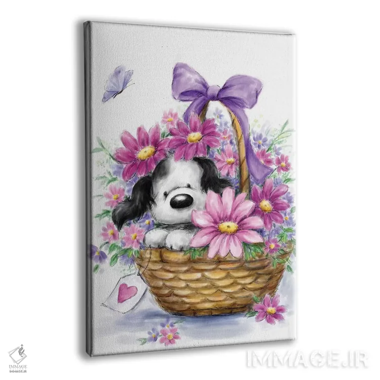 تابلو دکوراتیو "سگ خاکستری در سبد" اثر ماکیکو - نمای پرسپکتیو محصول