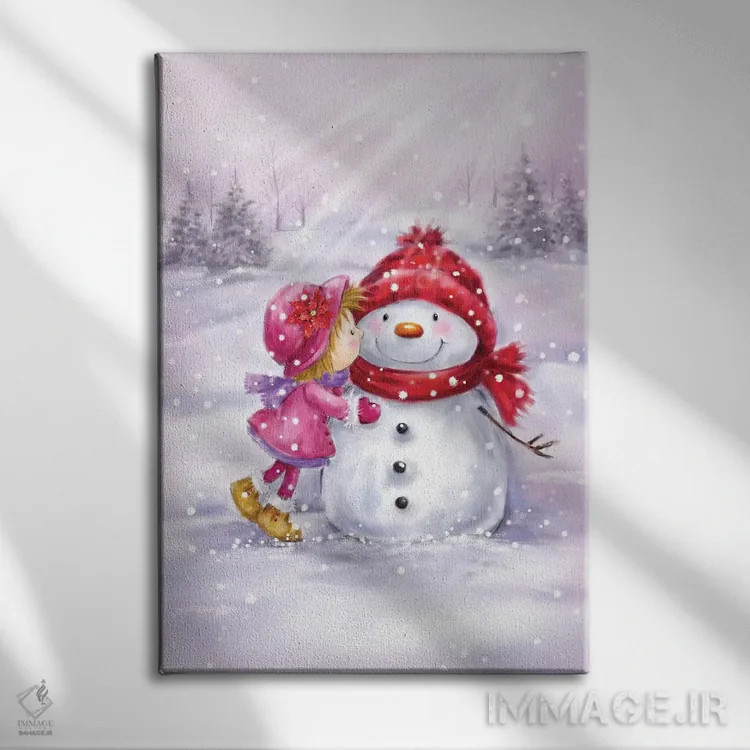 تابلو دکوراتیو "دختری که به آدم برفی بوسه می زند" اثر ماکیکو - نمای روبهرو روی دیوار