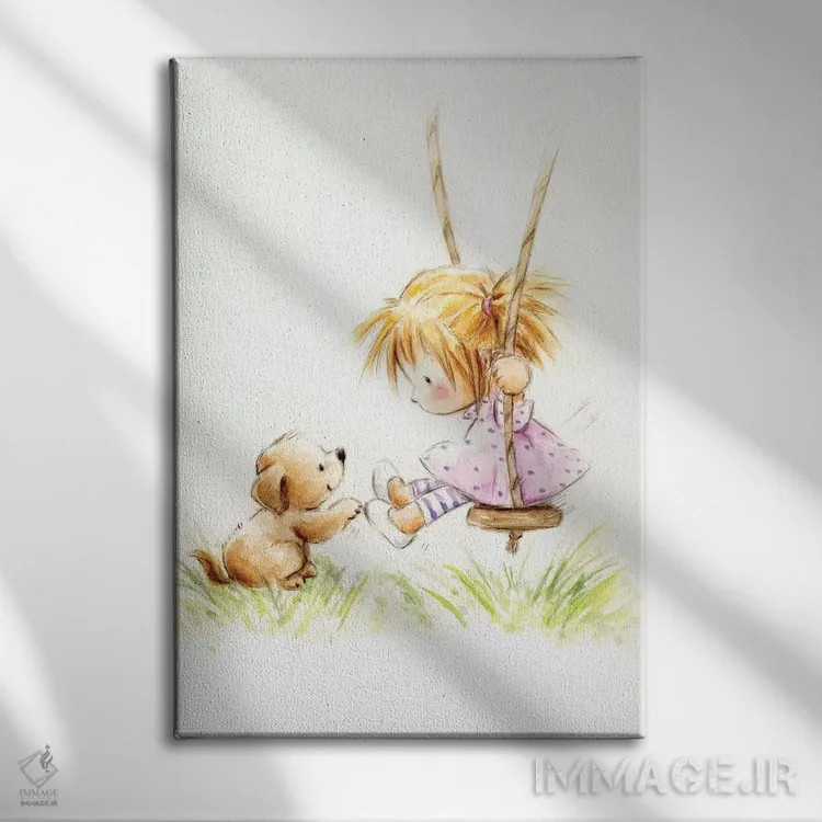 تابلو دکوراتیو "دختر کوچولو روی تاب با سگ" اثر ماکیکو - نمای روبهرو روی دیوار