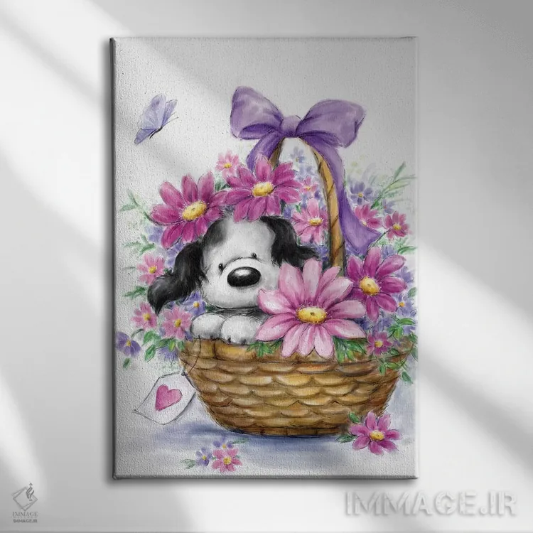 تابلو دکوراتیو "سگ خاکستری در سبد" اثر ماکیکو - نمای روبهرو روی دیوار