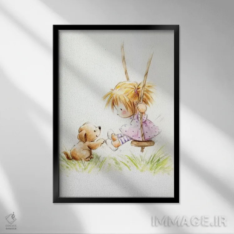 تابلو دکوراتیو "دختر کوچولو روی تاب با سگ" اثر ماکیکو - نمای قابدار مشکی