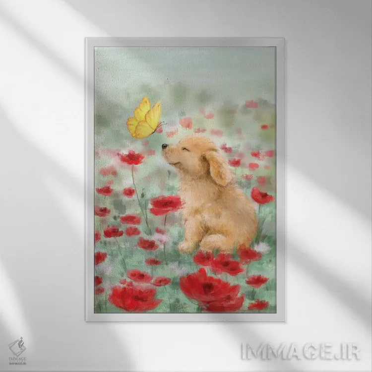 تابلو دکوراتیو "طلایی با پروانه" اثر ماکیکو - نمای قابدار سفید