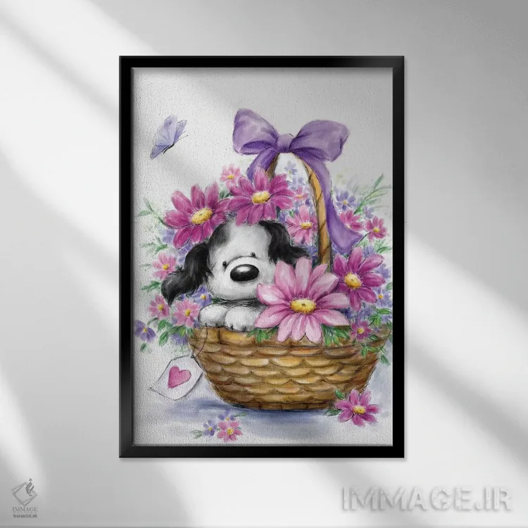 تابلو دکوراتیو "سگ خاکستری در سبد" اثر ماکیکو - نمای قابدار مشکی