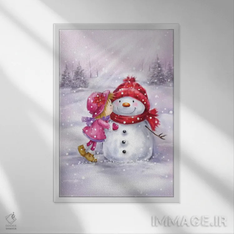 تابلو دکوراتیو "دختری که به آدم برفی بوسه می زند" اثر ماکیکو - نمای قابدار سفید