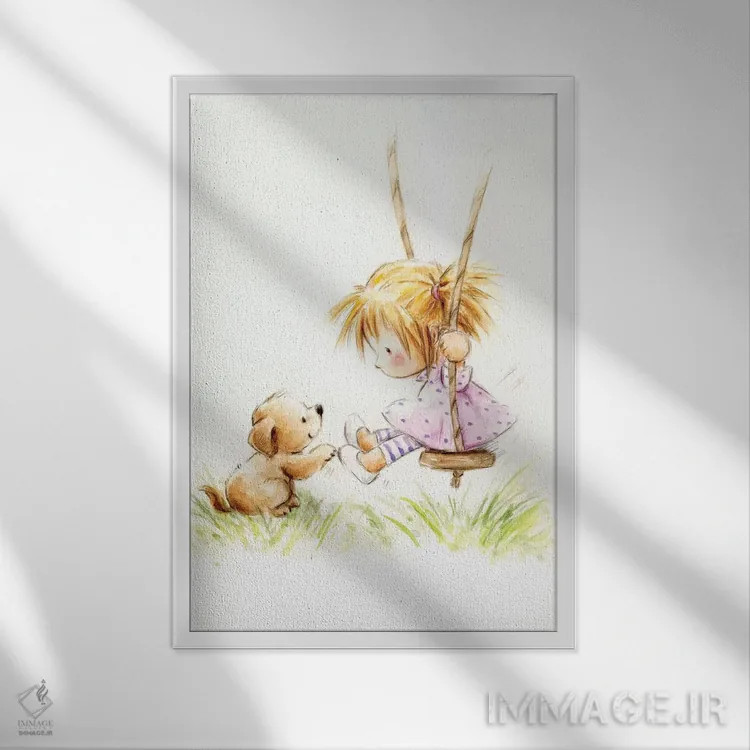 تابلو دکوراتیو "دختر کوچولو روی تاب با سگ" اثر ماکیکو - نمای قابدار سفید