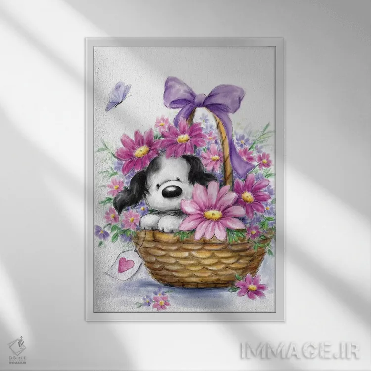 تابلو دکوراتیو "سگ خاکستری در سبد" اثر ماکیکو - نمای قابدار سفید