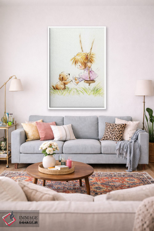 تابلو دکوراتیو "دختر کوچولو روی تاب با سگ" اثر ماکیکو - D1W