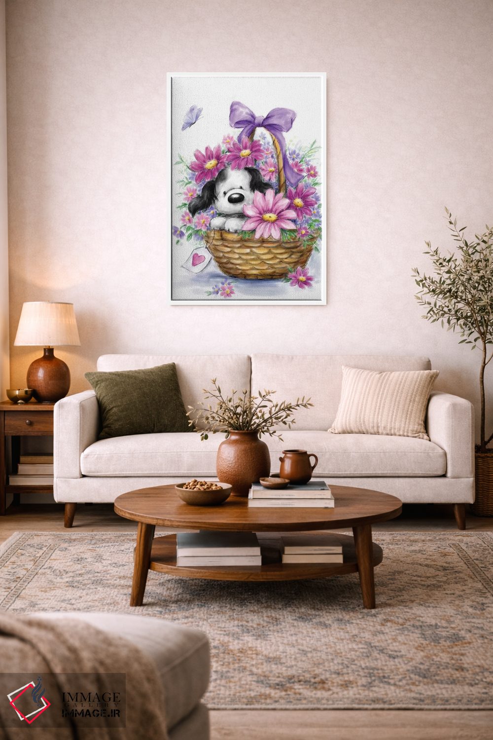 تابلو دکوراتیو "سگ خاکستری در سبد" اثر ماکیکو - D3W