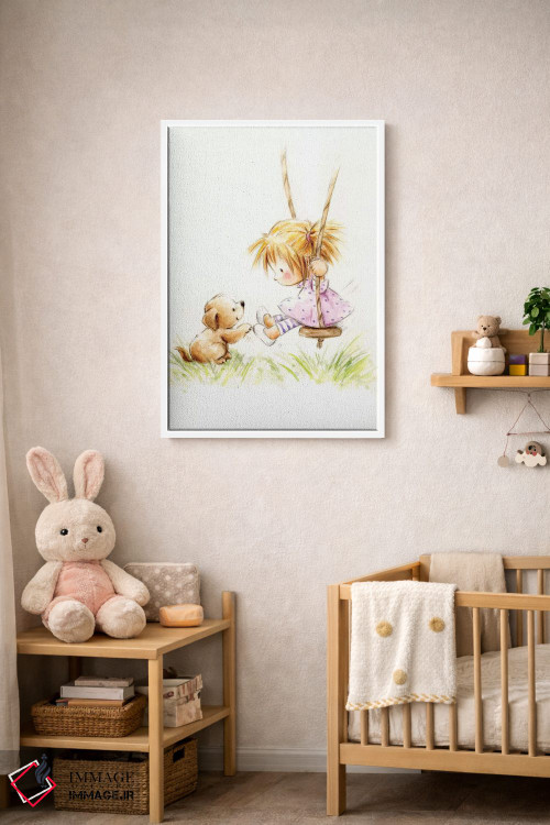 تابلو دکوراتیو "دختر کوچولو روی تاب با سگ" اثر ماکیکو - D3W