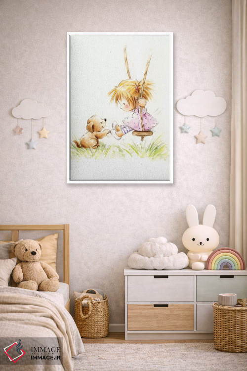 تابلو دکوراتیو "دختر کوچولو روی تاب با سگ" اثر ماکیکو - D4W