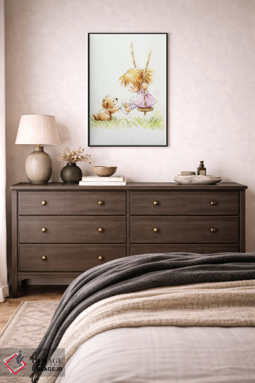 تابلو دکوراتیو "دختر کوچولو روی تاب با سگ" اثر ماکیکو - D5B