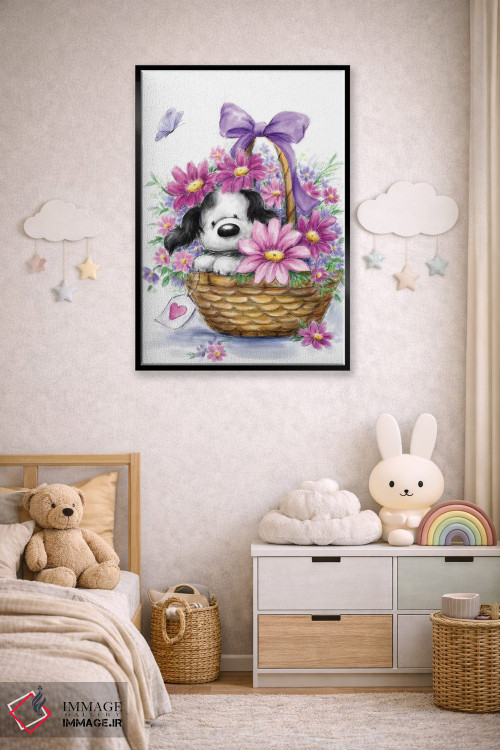 تابلو دکوراتیو "سگ خاکستری در سبد" اثر ماکیکو - D6B