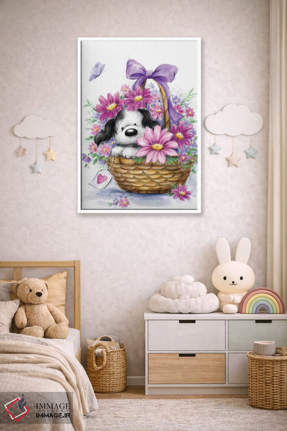 تابلو دکوراتیو "سگ خاکستری در سبد" اثر ماکیکو - D4W