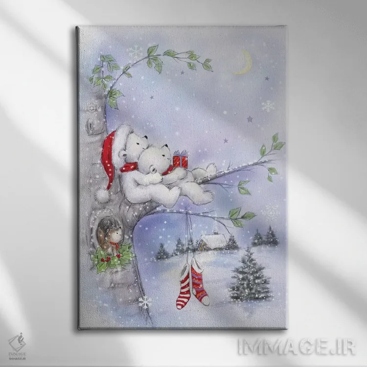 تابلو دکوراتیو "زوج خرس روی درخت" اثر ماکیکو - نمای روبهرو روی دیوار