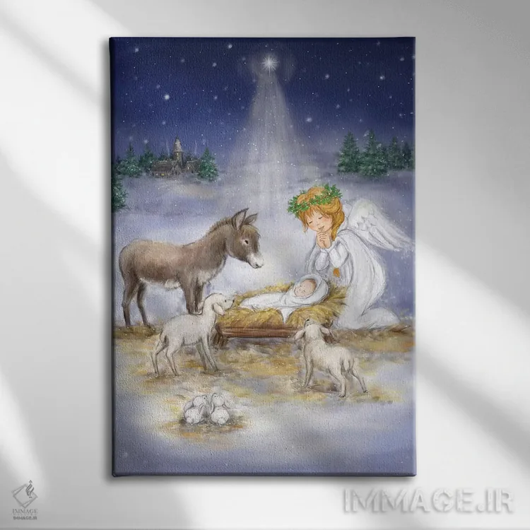 تابلو دکوراتیو "تولد عیسی با فرشته" اثر ماکیکو - نمای روبهرو روی دیوار