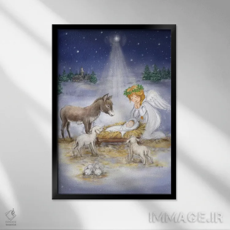 تابلو دکوراتیو "تولد عیسی با فرشته" اثر ماکیکو - نمای قابدار مشکی