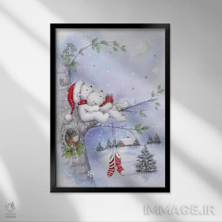 تابلو دکوراتیو "زوج خرس روی درخت" اثر ماکیکو - نمای قابدار مشکی