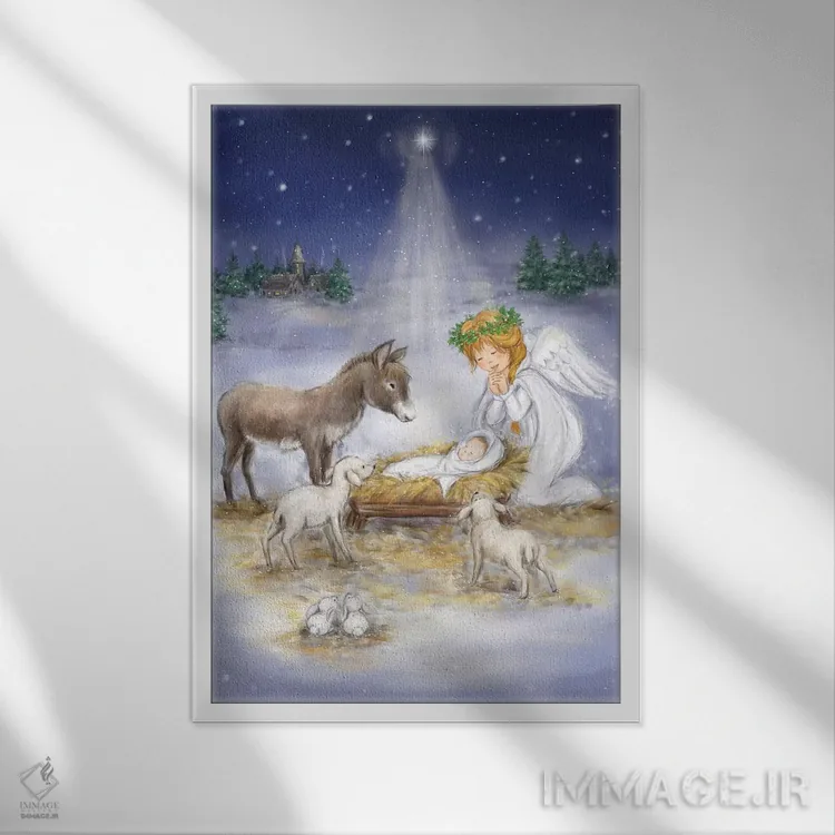 تابلو دکوراتیو "تولد عیسی با فرشته" اثر ماکیکو - نمای قابدار سفید