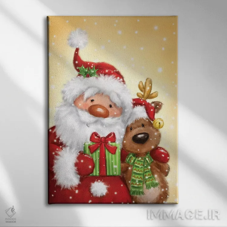 تابلو دکوراتیو "بابانوئل و گوزن شمالی ۲" اثر ماکیکو - نمای روبهرو روی دیوار