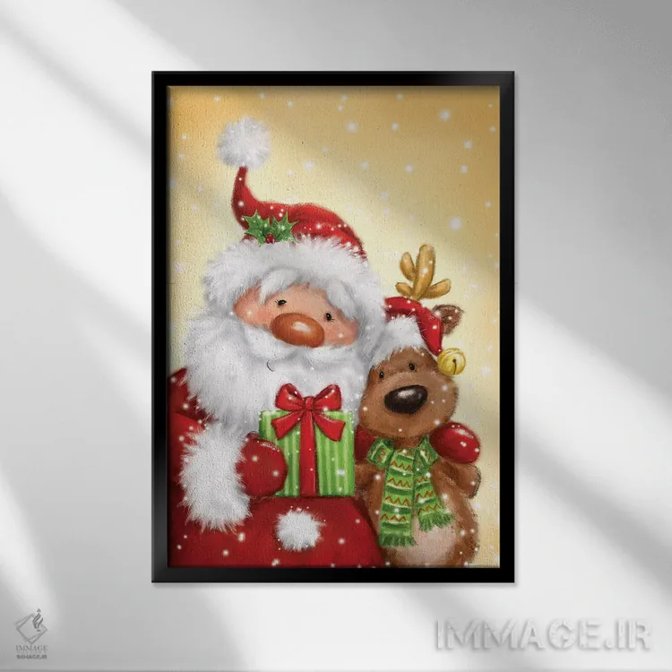 تابلو دکوراتیو "بابانوئل و گوزن شمالی ۲" اثر ماکیکو - نمای قابدار مشکی