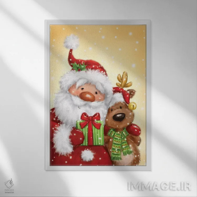 تابلو دکوراتیو "بابانوئل و گوزن شمالی ۲" اثر ماکیکو - نمای قابدار سفید