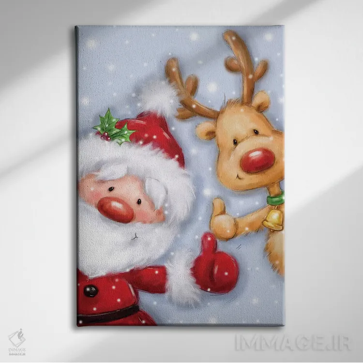 تابلو دکوراتیو "بابانوئل و گوزن شمالی ۳" اثر ماکیکو - نمای روبهرو روی دیوار