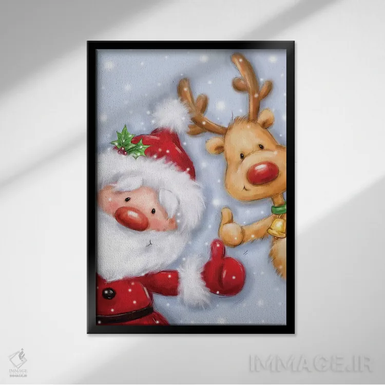 تابلو دکوراتیو "بابانوئل و گوزن شمالی ۳" اثر ماکیکو - نمای قابدار مشکی