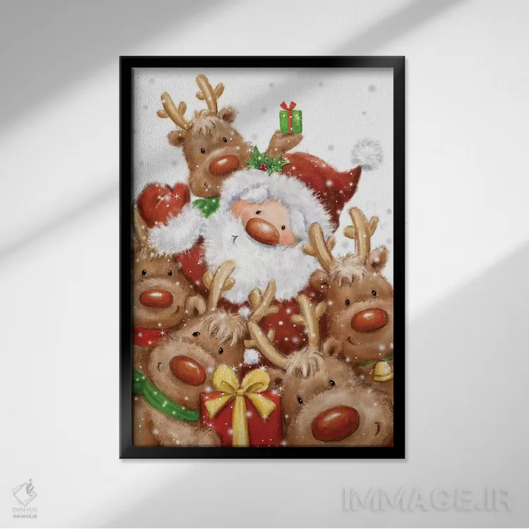 تابلو دکوراتیو "بابانوئل و گوزن های شمالی" اثر ماکیکو - نمای قابدار مشکی