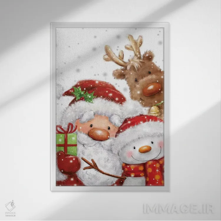 تابلو دکوراتیو "بابانوئل، آدم برفی و گوزن شمالی" اثر ماکیکو - نمای قابدار سفید