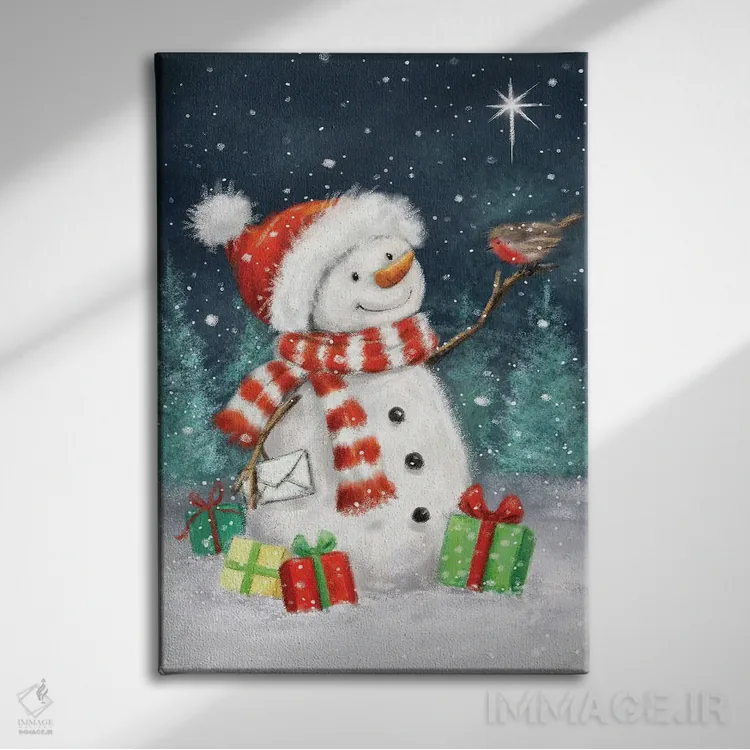 تابلو دکوراتیو "آدم برفی با هدایا ۳ ب" اثر ماکیکو - نمای روبهرو روی دیوار