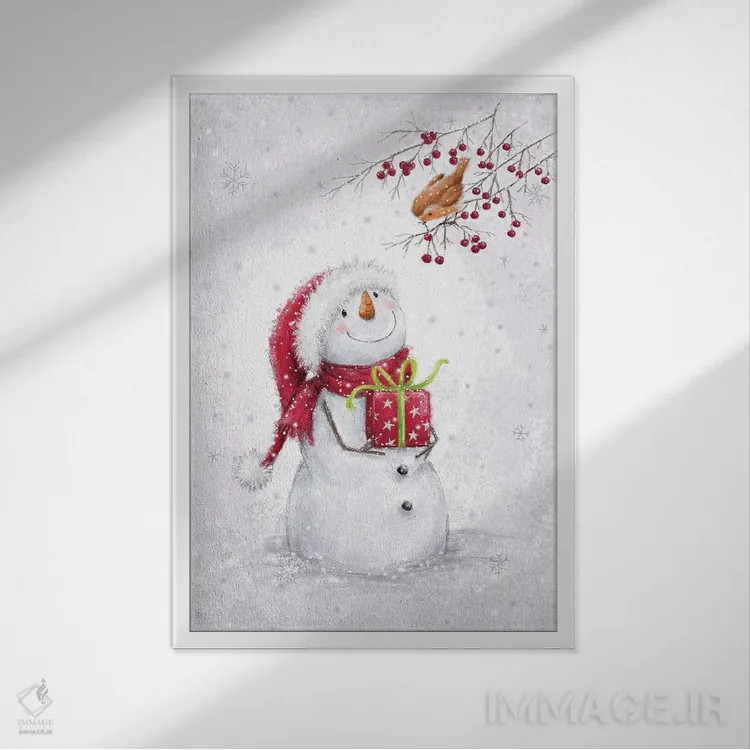 تابلو دکوراتیو "آدم برفی و رابین ۶ الف" اثر ماکیکو - نمای قابدار سفید