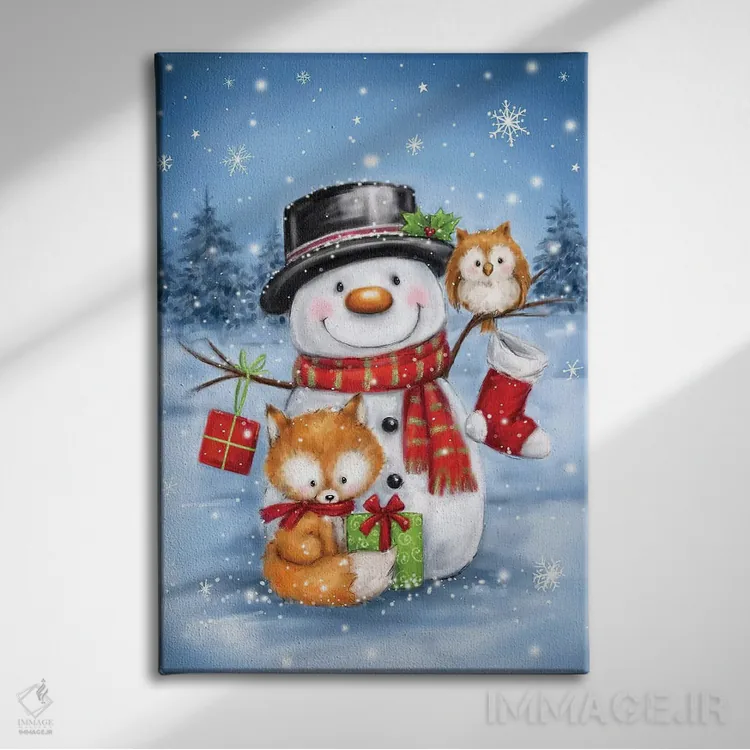 تابلو دکوراتیو "آدم برفی، جغد و روباه" اثر ماکیکو - نمای روبهرو روی دیوار