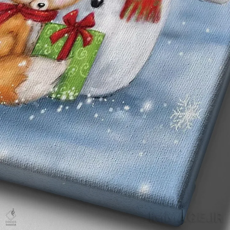 تابلو دکوراتیو "آدم برفی، جغد و روباه" اثر ماکیکو - نمای نزدیک بافت بوم