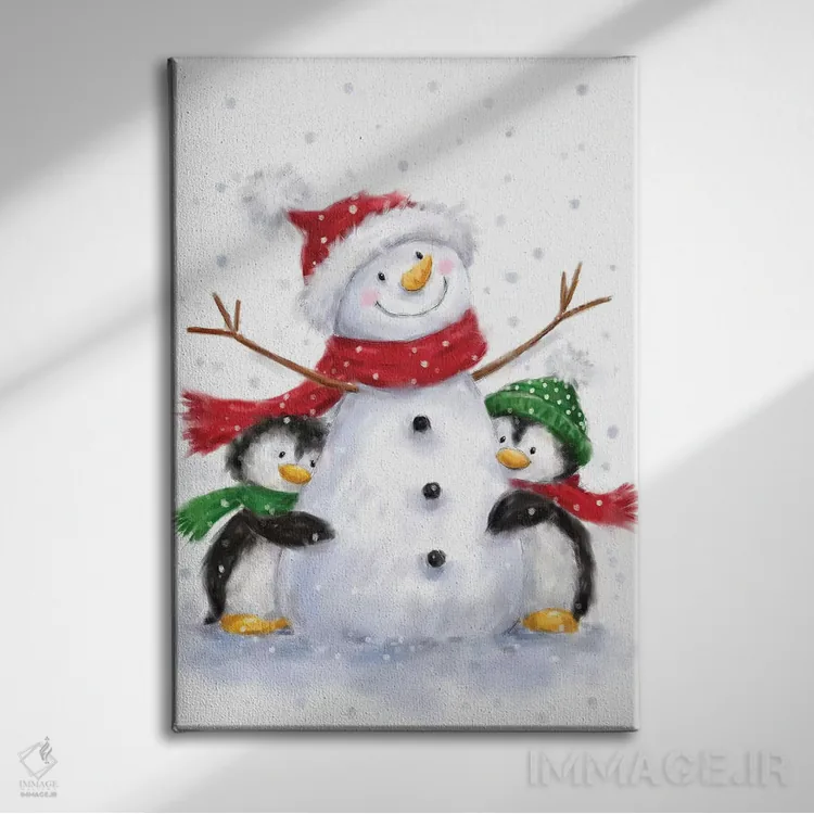 تابلو دکوراتیو "آدم برفی با دو پنگوئن" اثر ماکیکو - نمای روبهرو روی دیوار
