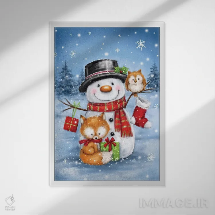 تابلو دکوراتیو "آدم برفی، جغد و روباه" اثر ماکیکو - نمای قابدار سفید