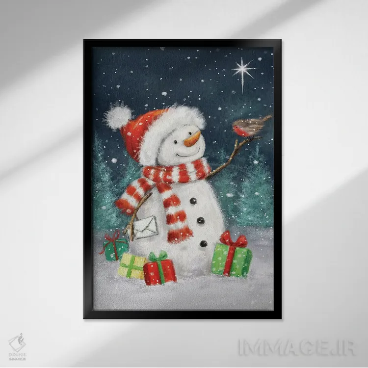 تابلو دکوراتیو "آدم برفی با هدایا ۳ ب" اثر ماکیکو - نمای قابدار مشکی