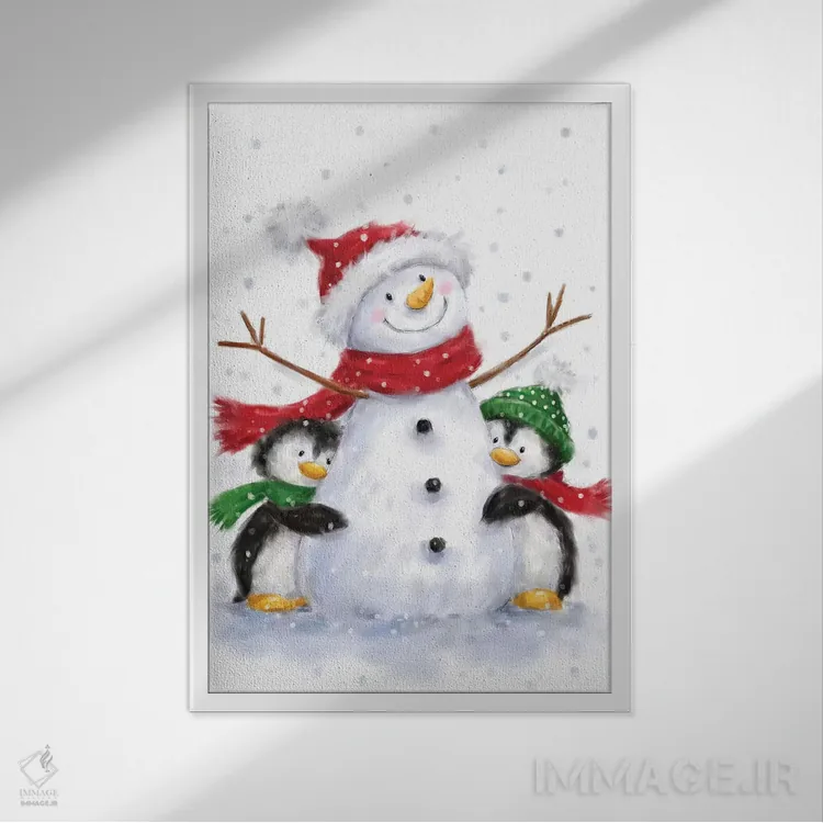 تابلو دکوراتیو "آدم برفی با دو پنگوئن" اثر ماکیکو - نمای قابدار سفید