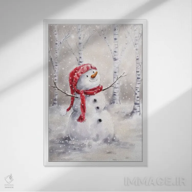 تابلو دکوراتیو "آدم برفی در جنگل ۱" اثر ماکیکو - نمای قابدار سفید