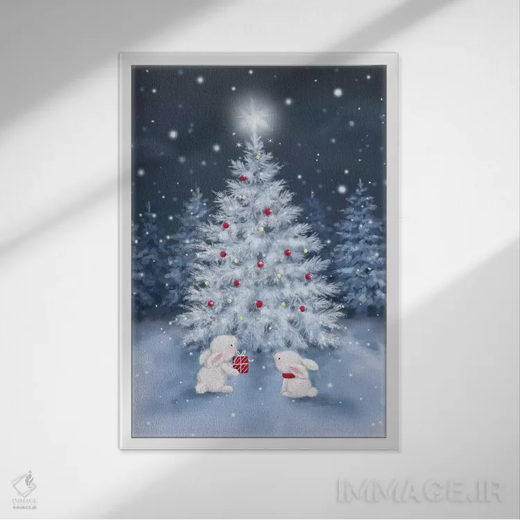 تابلو دکوراتیو "درخت با خرگوش ها" اثر ماکیکو - نمای قابدار سفید