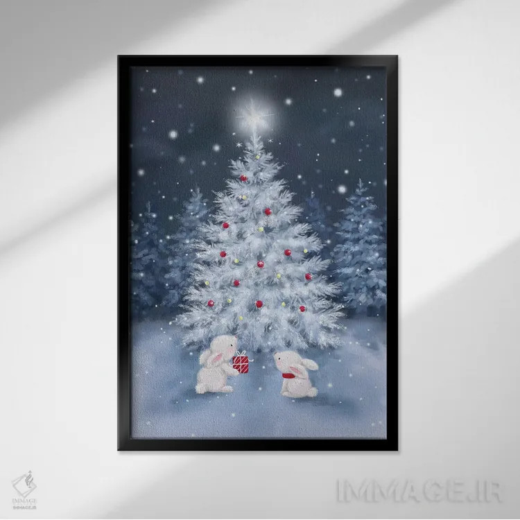 تابلو دکوراتیو "درخت با خرگوش ها" اثر ماکیکو - نمای قابدار مشکی